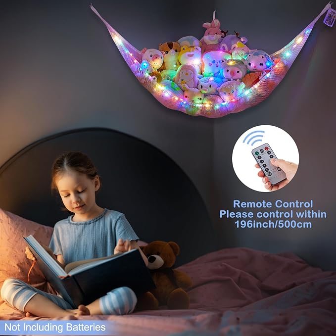 Basumee Stuffed Animals Net or Hammock with LED Light Hanging Toy Net Hammock for Stuffed Animals Storage Stuff Animals Hammocks for Nursery Room with Remote Control, 8 Kinds of Lights(Pack of 1)