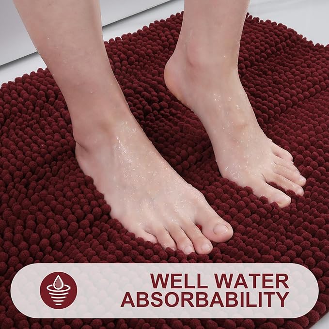 Grandaily Chenille Striped Bathroom Rugs 47x20, Extra Thick and Absorbent Bath Mats, Non-Slip Soft Plush Shaggy Shower Carpet, Machine Wash Dry, Bath Rug for Bathroom, Burgundy
