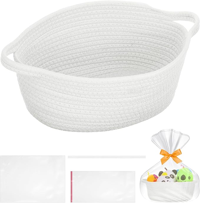 Small Woven Basket with Gift Bags and Ribbons, Durable Baskets for Gifts Empty, Rope Basket for Storage Baby Toy Baskets with Handles, White