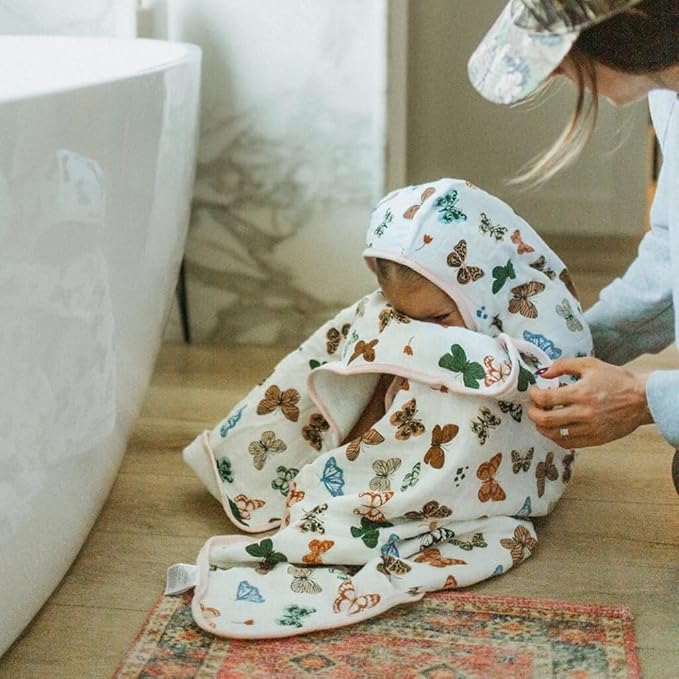 Little Unicorn Hooded Bath Towel | Absorbent Cotton & Terry Blend | Larger Size for Baby & Toddlers, 1-6 Years (Butterflies)