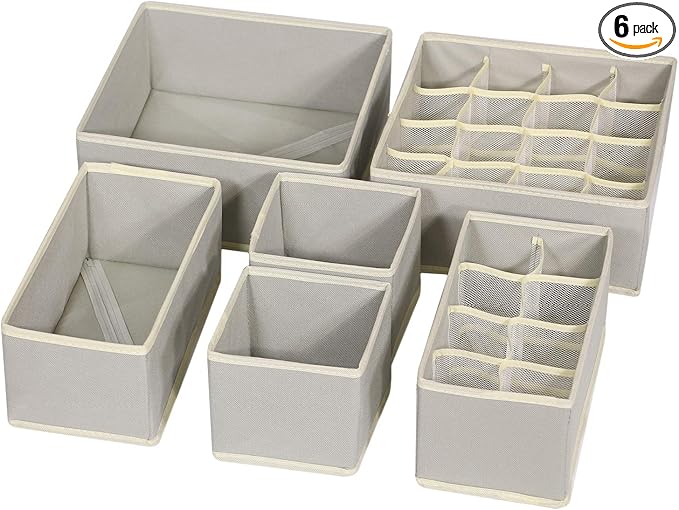 6 Pack Foldable Drawer Organizer Dividers Cloth Storage Box Closet Dresser Organizer Cube Fabric Containers Basket Bins for Underwear Bras Socks Panties Lingeries Nursery Baby Clothes Gray