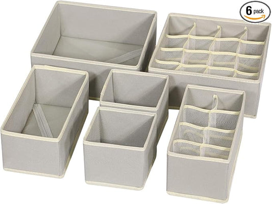 6 Pack Foldable Drawer Organizer Dividers Cloth Storage Box Closet Dresser Organizer Cube Fabric Containers Basket Bins for Underwear Bras Socks Panties Lingeries Nursery Baby Clothes Gray