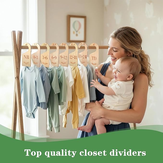Baby Closet Dividers for Clothes Organizer -8Pcs Wooden Baby Clothes Size Dividers from Newborn to Toddler, Double-Sided Gender Neutral Babys Cloth Organizer