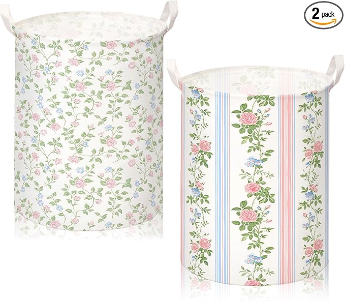 2 Pcs Laundry Basket Coquette Storage Basket for Girls Nursery Hamper with Handles Foldable Waterproof Collapsible Storage Bin Organizer for College Dorms Bathroom(Floral)