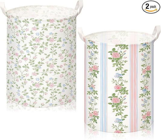 2 Pcs Laundry Basket Coquette Storage Basket for Girls Nursery Hamper with Handles Foldable Waterproof Collapsible Storage Bin Organizer for College Dorms Bathroom(Floral)