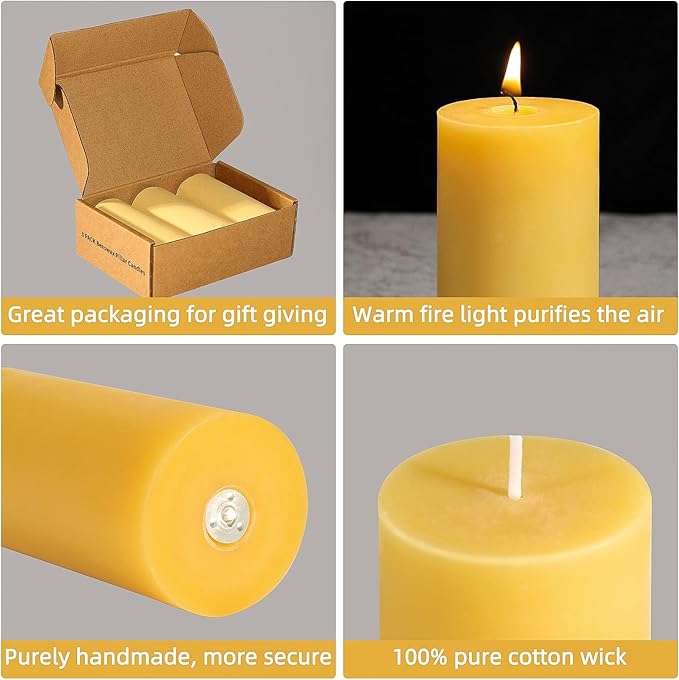3 Packs Beeswax Pillar Candles, Pure Beeswax Candles with 35 Hours Burn Time, Smokeless & Dripless Bees Wax Candles for Home Decor, Prayer, Christmas Party(2x4 inch)