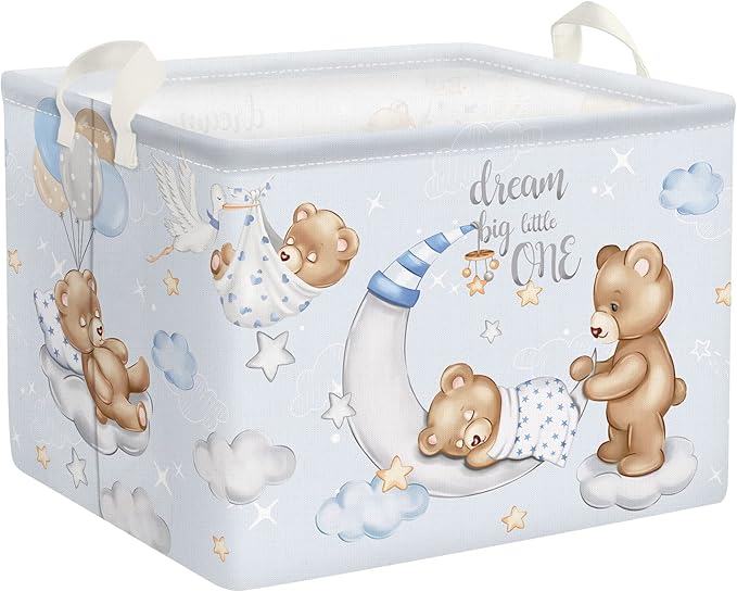 Clastyle Sleeping Bear Balloons Boy Shelf Basket Clouds Stars Moon Baby Shower Basket for Kids Room Blue Rectangle Clothes Toys Cube Storage Basket