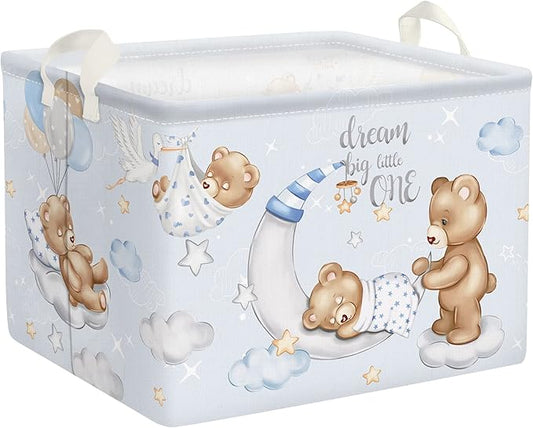 Clastyle Sleeping Bear Balloons Boy Shelf Basket Clouds Stars Moon Baby Shower Basket for Kids Room Blue Rectangle Clothes Toys Cube Storage Basket