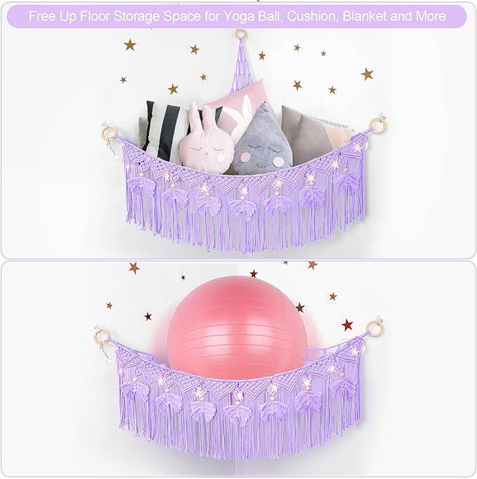 ANROYE Macrame Stuffed Animal Storage with Star Light, Bear Purple Hammock for Girls Room Decor, Corner Hanging Mesh Organizer Idea for Nursery, Plushies Toy Wall Hanging Display Holder Kid Gift
