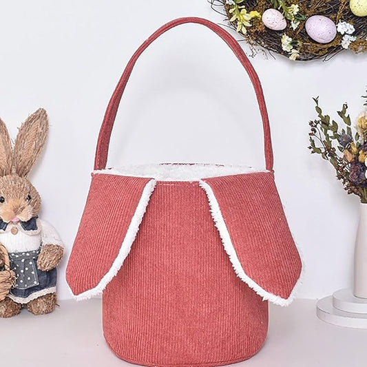 Easter Bunny Basket, Cute Easter Bucket Bags with Rabbit Ears for Easter Eggs Hunting, Plush Easter Bunny Basket, Easter Tote Bags for Candy Storage Decorations (Red)