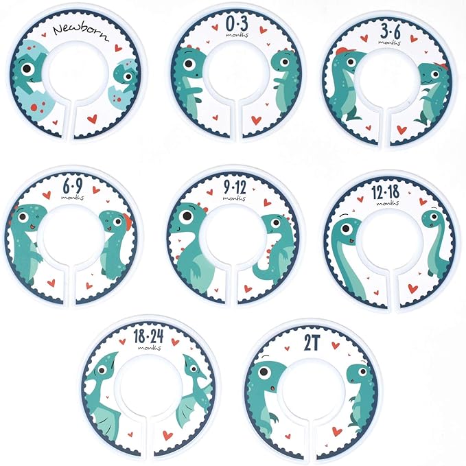 HarperLynn Baby Closet Dividers - Set of 8 Dinosaur Nursery Clothes Organizers - Size Newborn Infant to 2T. Great Gifts Accessories for First Time Parents of Boy or Girl. Fits 1.25 Inch Rod.