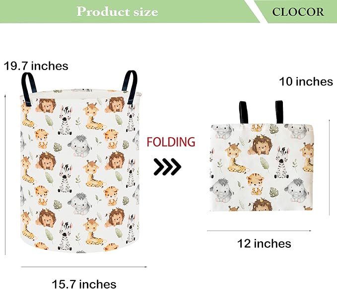 CLOCOR Round Collapsible Flat Storage Basket,Space-Saving Fabric Laundry Hamper for Clothes,Nursery Hamper,Gift Basket(Cute Animals)