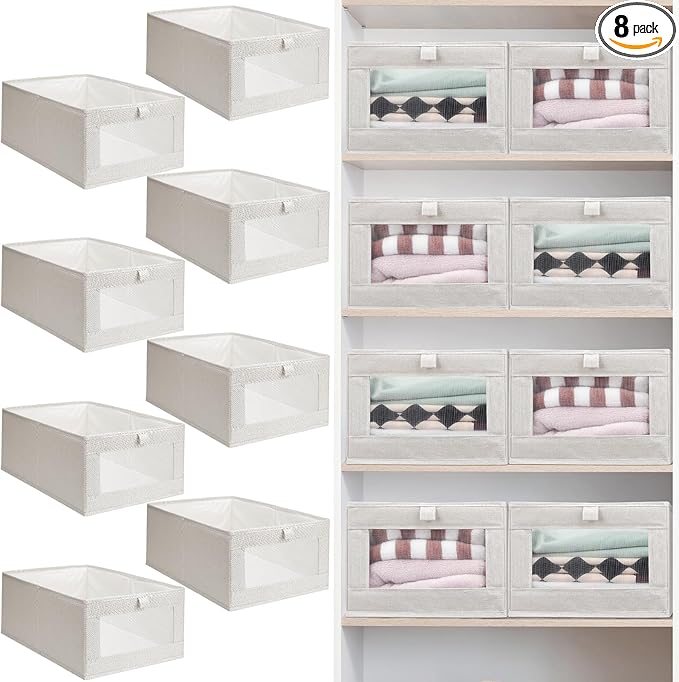 Kigley 8 Pcs Linen Closet Organizers and Storage Foldable Clothing Bins Large Foldable Box with Window Storage Baskets for Closet Shelf Clothes Jeans Toys Organization, Beige