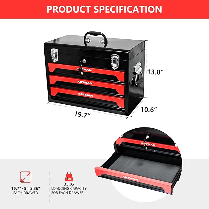 20" Portable 3 Drawer Steel Toolbox, 4 Layers of Tools with Metal Latches, with Top Storage Tray and Carrying Handle, Multi-Function Tool Storage for Garage, Home,or Workbench