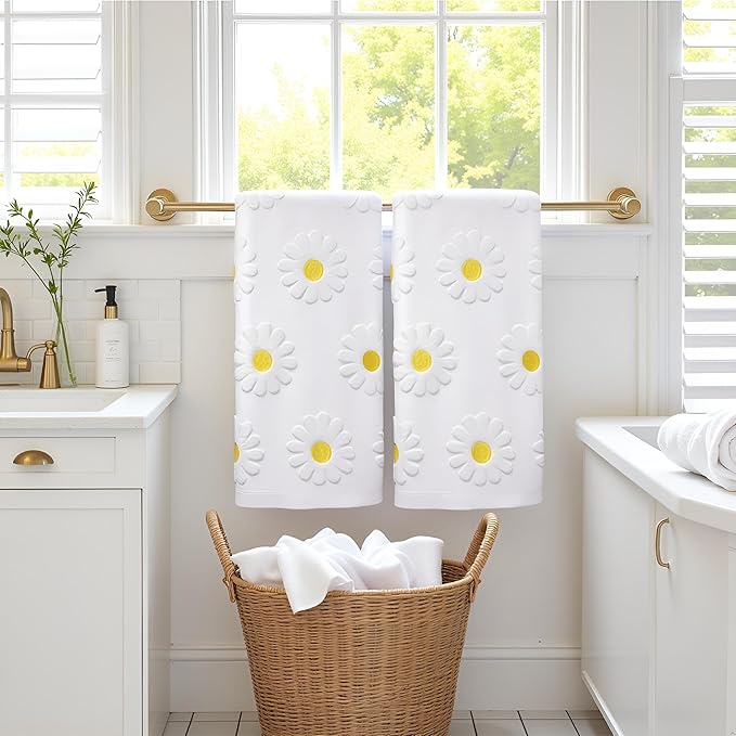 2pcs Daisy Hand Towels for Bathroom Decorative Towels Set 100% Cotton White Jacquard Spring Summer Floral Bath Towels Dish Kitchen Towels Kitchen Bathroom Decor Gift(Daisy White)