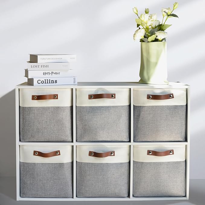6-Pack Foldable Fabric Storage Cubes 11x11 Inch, Sturdy Cube Organizer Bins with Leather Handles, Storage Baskets for Closet Shelves and Home Organization(White/Gray)