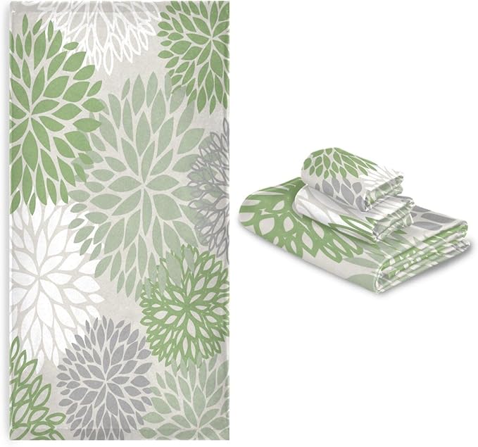 3 Piece Sage Green Dahlia Bath Towels Set,Microfiber Absorbent Grey White Green Floral Towels for Bathroom,1 Bath Towel,1 Hand Towel,1 Washcloth,Modern Abstract Decorative Bathroom Towels