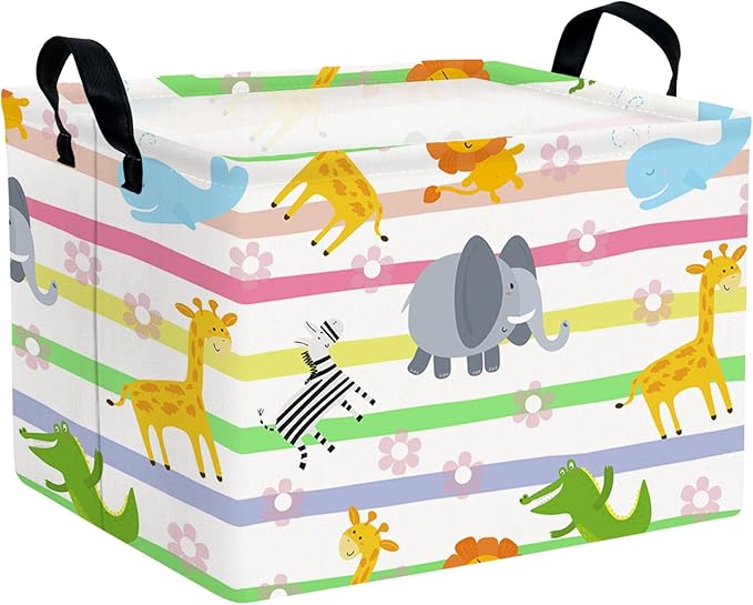 Cute Rectangle Woodland Animal Baby Girl Basket Nursery Playroom Bedroom Decor Clothes Toy Basket (Colorful Animals)