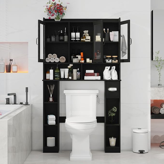 Vabches Over The Toilet Storage Cabinet,Farmhouse Bathroom Organizer with Glass Doors and Adjustable Shelf,Home Space-Saving Toilet Rack,for Restroom,Bathroom, Laundry