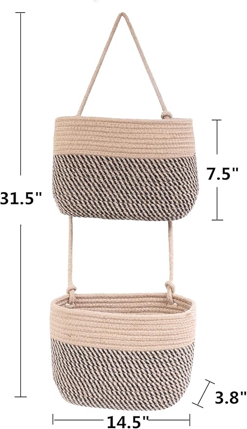 Over The Door Hanging Basket, 2 Tier Cotton Rope Woven Wall Basket, Magazine Racks Hanging Organizer, Decorative Hanging Storage Baskets for Organizing Living Room, Bathroom and Bedroom (Jute-black)