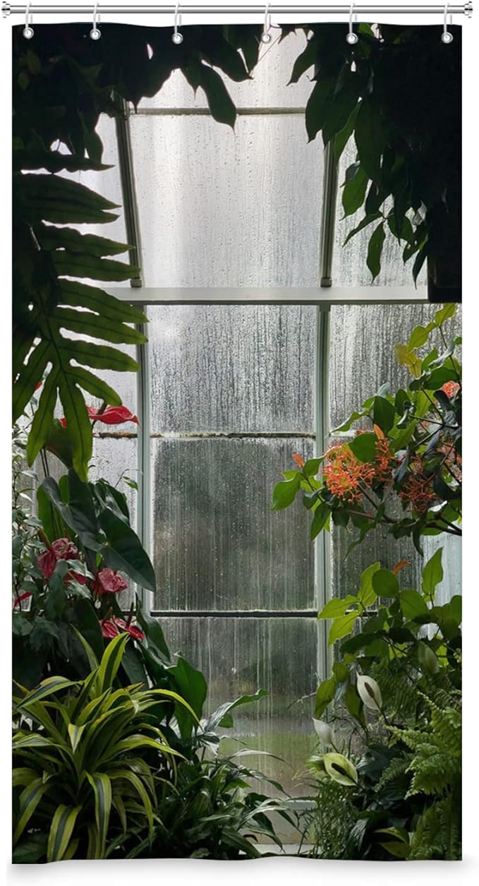 Greenhouse Flower Room Shower Curtains Spring Glass Flowers Green Plants Interior Garden Scenic Machine Washable Fabric Bathroom Curtains Set with Hooks, 36x72 Inch, 72.00" x 36.00"
