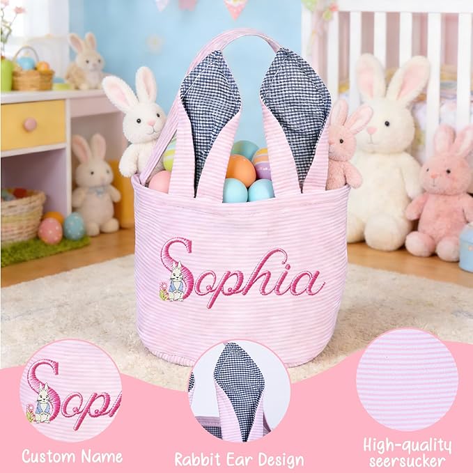 Personalized Easter Embroidered Basket with Name, Custom Seersucker Bunny Easter Egg Hunt Baskets for Kids, Monogram Cute Party Candy Bag with Handles, First Easter Gifts for Baby Girls Boys
