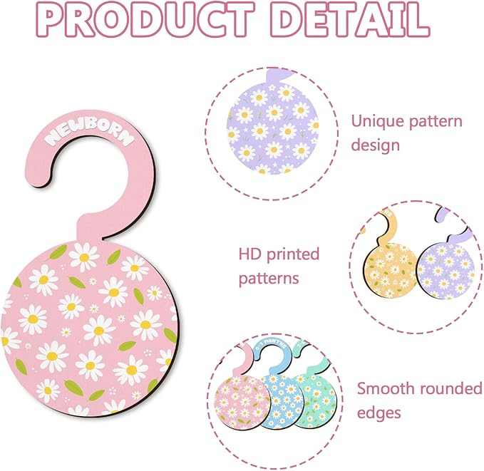Baby Clothes Dividers for Closet - Set of 8 Wooden Baby Size Closet Dividers Newborn to 24 Months, Newborn Organizer for Girls, Daisy Floral Baby Nursery Decor Kit Newborns Gift Baby Shower