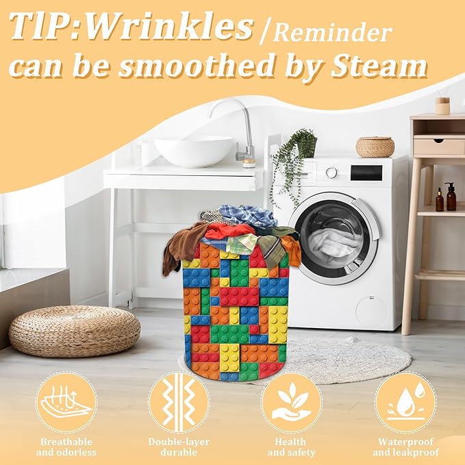 Colorful Building Blocks Laundry Basket, Bricks Laundry Hamper, Oxford Waterproof Foldable Clothes Storage Bin, Toy Organizer Basket for Bathroom/Household/College Dorms 15.7"x19.6"