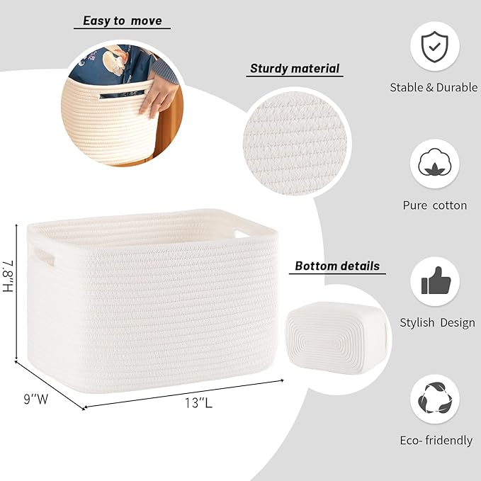 4 Pack Storage Baskets for Organizing Toys, Towels, and Clothes, Woven Basket for Shelves, Sturdy Nursery Cube Bins for Storage, 13''L x9''W x7.8''H, White, SD-SLB-G-C-01