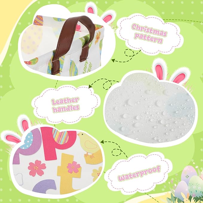 3 Pack Easter Storage Baskets Waterproof Canvas with Leather Handles Bunny Basket Box Collapsible Storage Bins Box for Closet Toys Clothes Room Decor Gift Basket