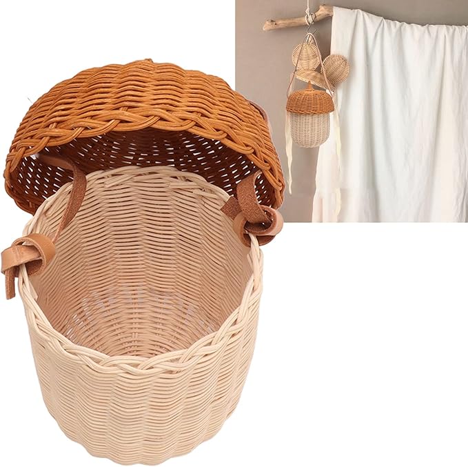 Rattan Storage Basket, Hand Woven Decorative Acorn Shaped Basket Bag Photography Props Decorative Basket for Boys Girls (Large Handbag)