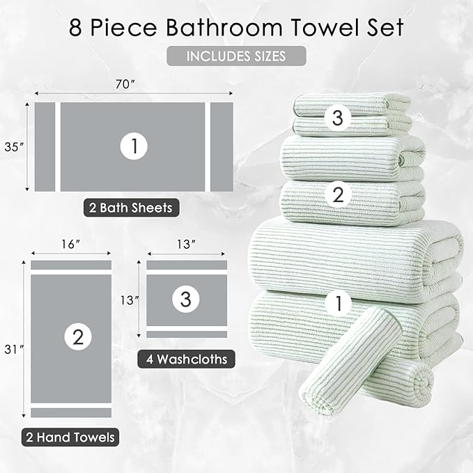 8-Piece Premium Towel Set for Bathroom|2 Oversized Large Bath Sheet,2 Hand Towels,4 Washcloths|Soft Cozy Highly Absorbent Fast Dry Microfiber Shower Towel Set for Hotel Bathroom Essentials,Green White