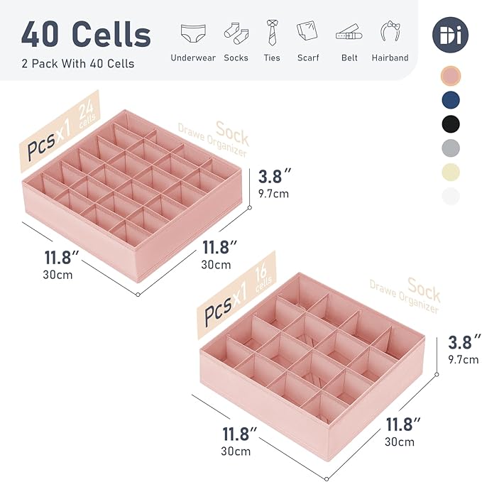 DIMJ Sock Organizer Drawer Organizer - Closet Organization and Storage, Underwear Drawer Organizer for Storing Socks, Handkerchiefs, Ties, Belts, Pink