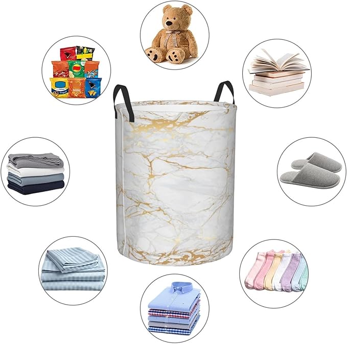 Marble Print Round Laundry Hamper Storage Basket Toys Clothes Organizer Bin For Home Bathroom Bedroom Dorm Nursery, 62l