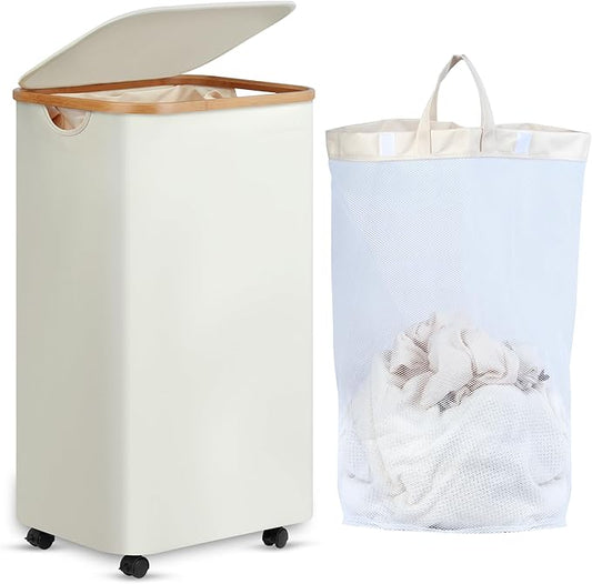 efluky Slim Laundry Basket with Wheels, Narrow Rolling Laundry Hamper with Lid and Removable Bag, Tall Aesthetic Dirty Clothes Hamper on Wheels for Laundry Room, Bedroom, Dorm and Bathroom, 100L Beige
