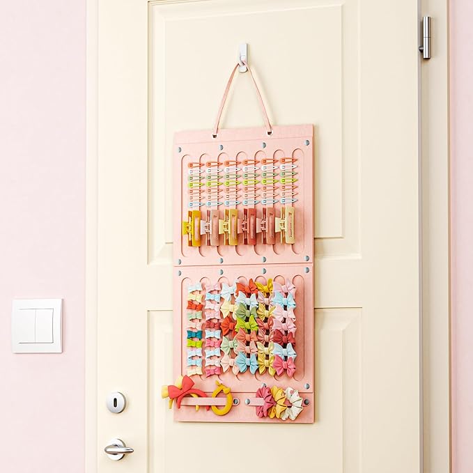 Bow Holder for Girls Hair Bows, Hair Accessories Organizer for Toddler Kids Baby Girl, Hanging Hairbow Storage Organizer Hanger Rack for Hair Stuff, Nursery Room Decor for Wall Door, Pink