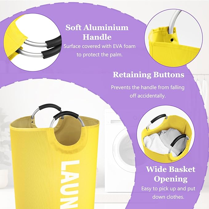 125L Large Laundry Basket with Handles, Foldable Clothes Hampers Stand Up Well, Portable Dirty Clothes Hamper, Rugged Laundry Basket for Flat, Dorm, Travel, Yellow