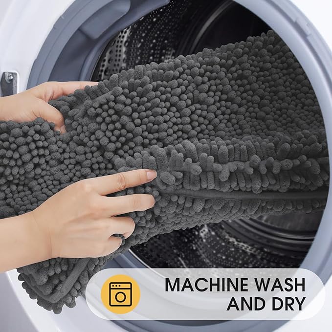 ACCUMTEK Extra Long Upgrade Luxury Grey Bathroom Rug Mat Gray 70"x24", Ultra Soft Thick Absorbent Bath Mats, Non Slip Chenille Toilet Mat for Bathroom, Bedroom, Kitchen, Shower, Tub, Charcoal