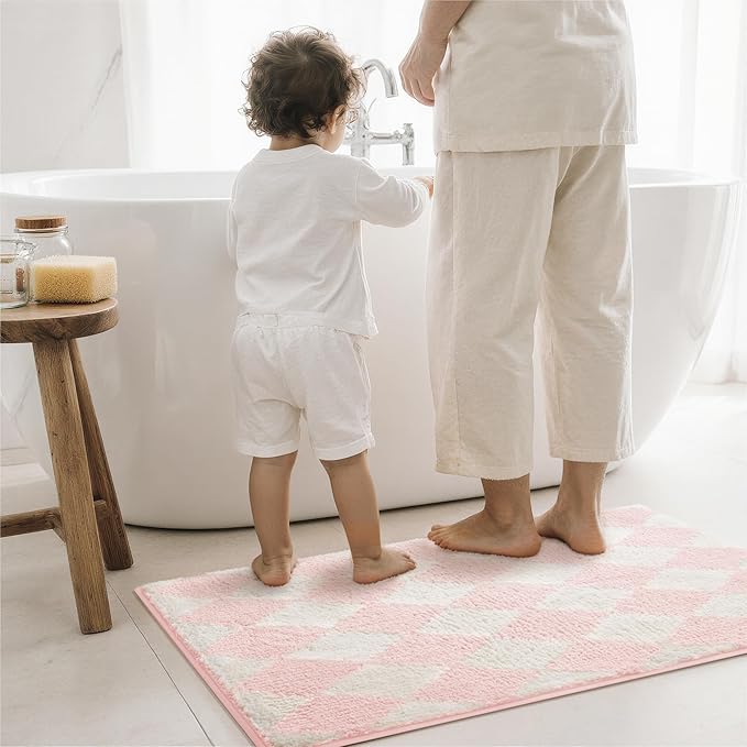 GRANNY SAYS Diamond Bathroom Rugs, 16" x 24", Non-Slip Bath Mats for Bathroom, Plush Shag Absorbent Microfiber Ultra Soft Bath Mat, Cute Washable Rug for Tub, Shower, Bedroom, Pink