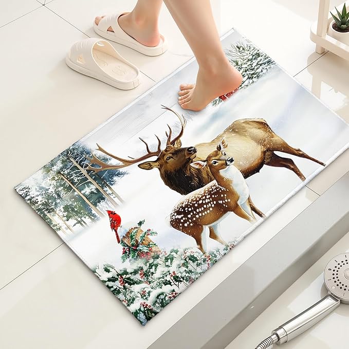 32x20in Winter Deers Bathroom Rug- Xmas Tree Red Bird Berries Bath Mats- Rustic Elk Moose Snow Cottage Non-Slip Holiday Seasonal Bath Rugs for Shower Room Bathtub Sink Bedside