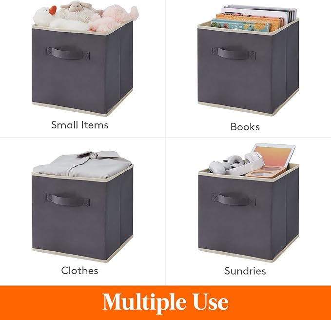 Lifewit Storage Cubes, Foldable Decorative Fabric Storage Baskets for Organizing Home Organizers with Handles for Shelves, Closet, 13 Inch Bins, 36L Gray, 6 Packs