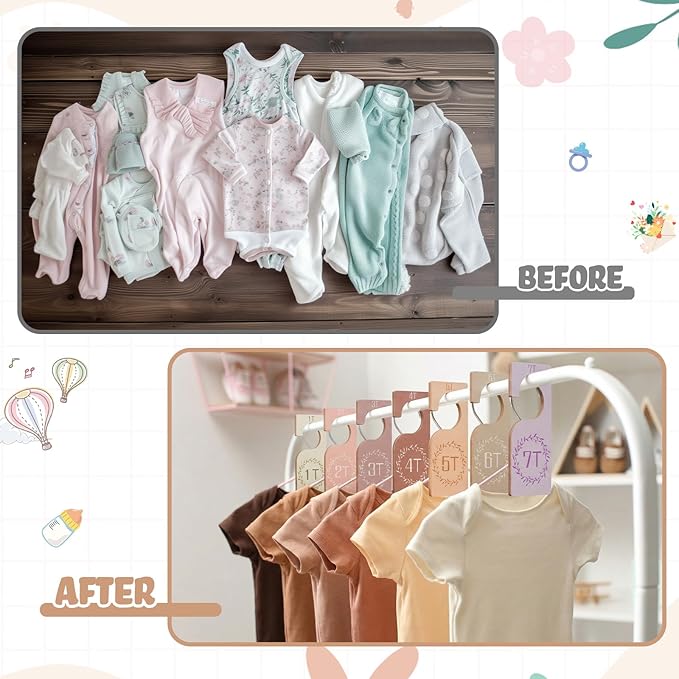 Patelai 7 Pcs Wooden Baby Closet Dividers for Clothes Organizer 1T to 7T Hanger Closet Dividers Nursery Organization for Home Baby Kids Newborn Infant Clothes (Earth Tone)