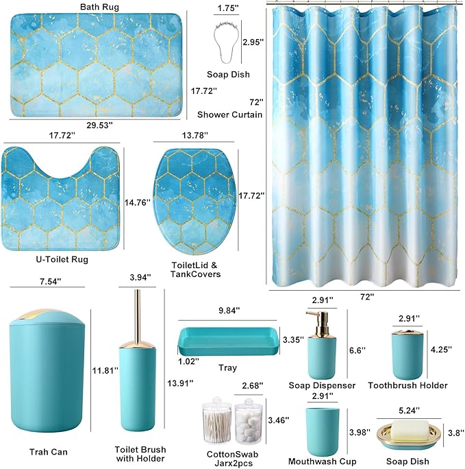 25 Pieces Bathroom Set Teal and Gold Bathroom Accessories Set, Shower Curtain and Rugs, Trash Can, Toilet Brush, Soap Dispenser, Soap Dish, Toothbrush Holder, Tumbler, Tray, Qtip Holder