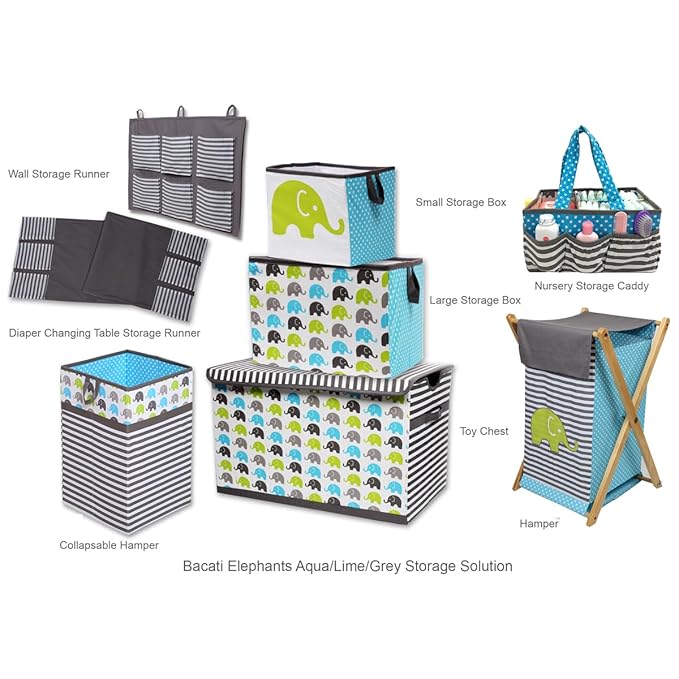 Bacati Elephants Unisex Nursery Fabric Storage Caddy with Handles, Aqua/Lime/Grey