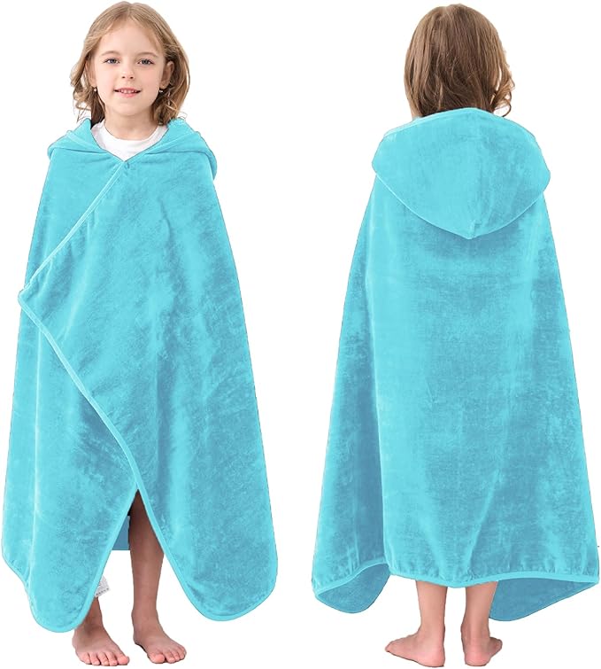 Hiturbo Kids Hooded Bath Towel: 100% Cotton Soft Thick Absorbent Towels Wrap - 50"x30" Shower Beach Pool Wearable Blanket for 3-12 Yrs Boys Girls - Blue