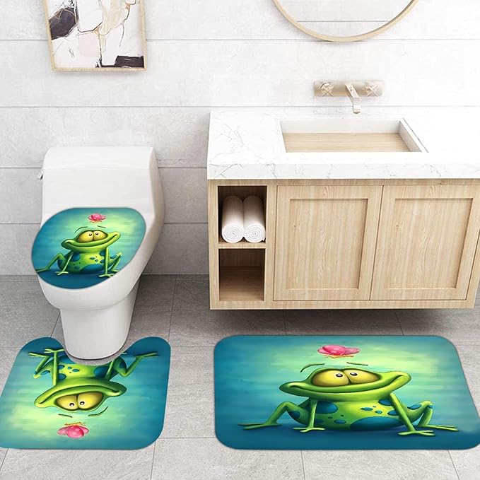 4 Pieces Cute Frog and Lotus Flower Shower Curtain Set Bathroom Mats Set, Non-Slip Rug Carpet Toilet Cover Shower Curtain
