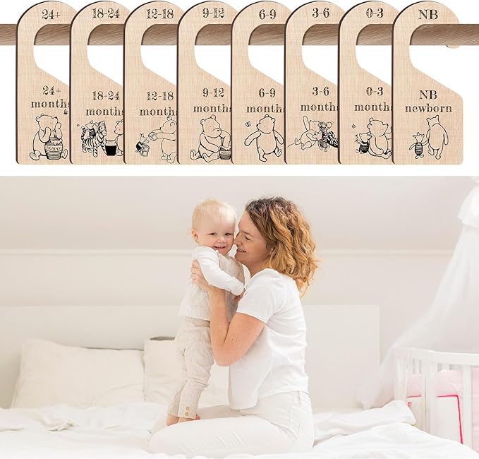 8Pcs Winnie Baby Closet Dividers for Newborn, Classic Winnie Baby Nursery Decor Wooden Hanger, the Pooh Clothes Dividers for Closet, Double-Sided Party Decor