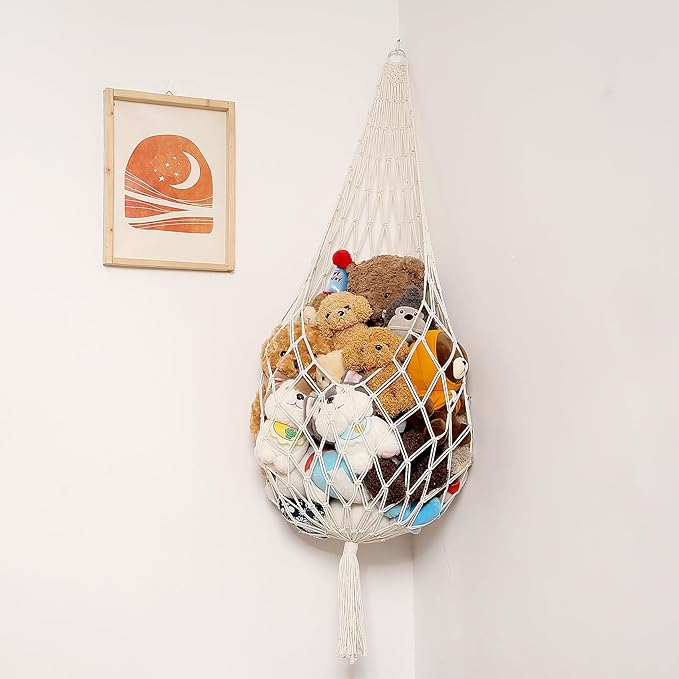 Novel Stuffed Animal Hammock Corner Hanging Net for Stuff Aniaml Storage Macrame Toy Display Plush Toy Holder-Perfect for The Tiny Space Walls (cream, XXL)