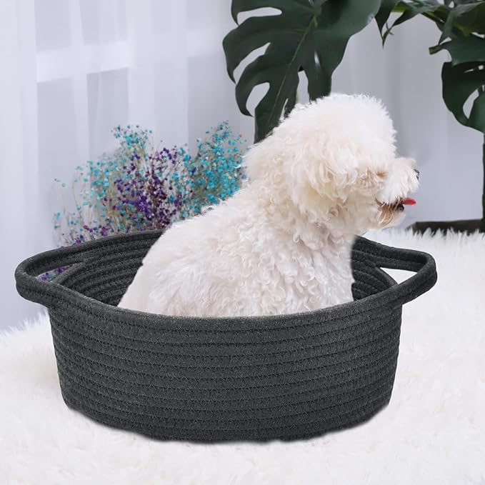 ABenkle Small Basket with Handles - Decorative Durable Rope Woven Storage Bin Shelf Storage Organizer Cube, Easter Baby Gift Basket, 12"x8"x5", Black