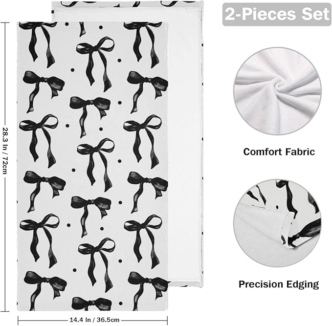 2 Pcs Black and White Bows Hand Towels for Bathroom,Soft Absorbent Cute Black Girly Bow Aesthetic Decorative Dish Towels for Kitchen,Quick Dry Guest Bathroom Towels for Face,Shower 14"x28"
